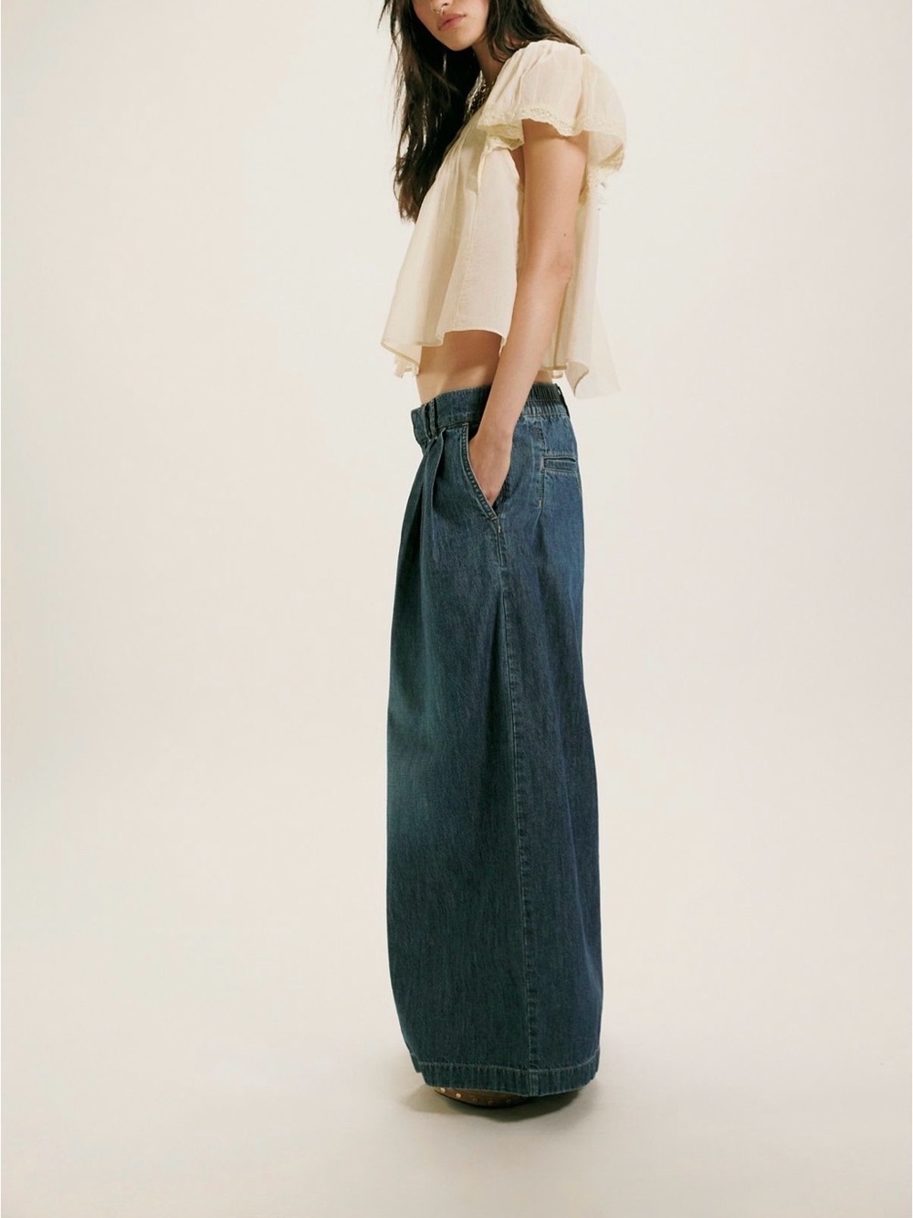 We The Free Scout Wide Leg Jeans Deep Indigo Pleated Elastic Back Denim Pants L - Picture 8 of 13